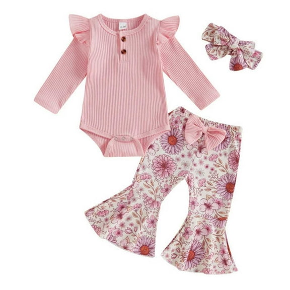 Mercatoo Toddler Baby Girl Fall Winter Outfits Rib Frill Long Sleeve Romper Floral Flared Pants Headband Set 3pcs Clothes
