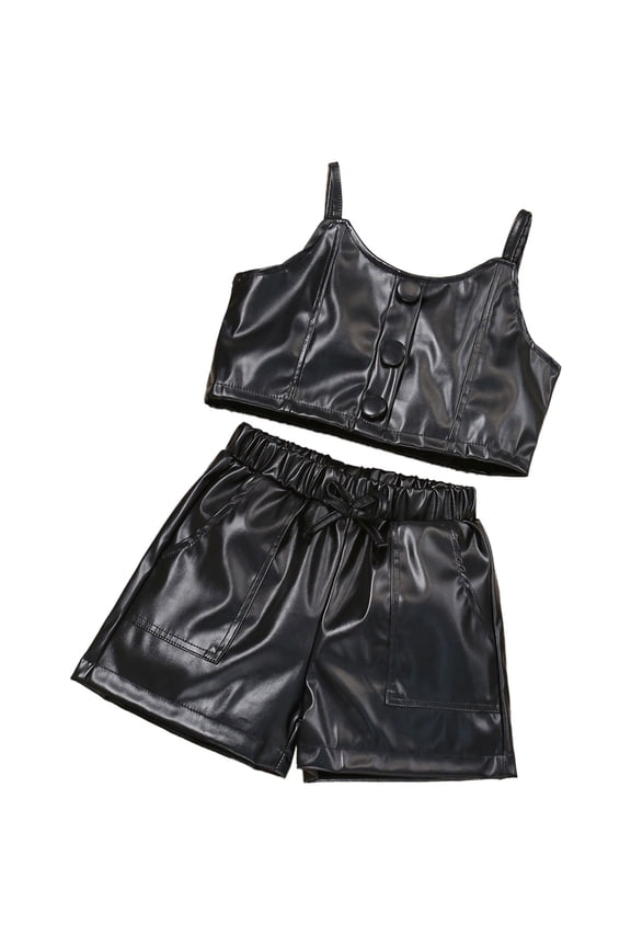 Toddler Baby Girl Faux Leather Outfits Strap Crop Tops+ Leather Shorts Set Little Girls Fashion Christmas Dress Baby