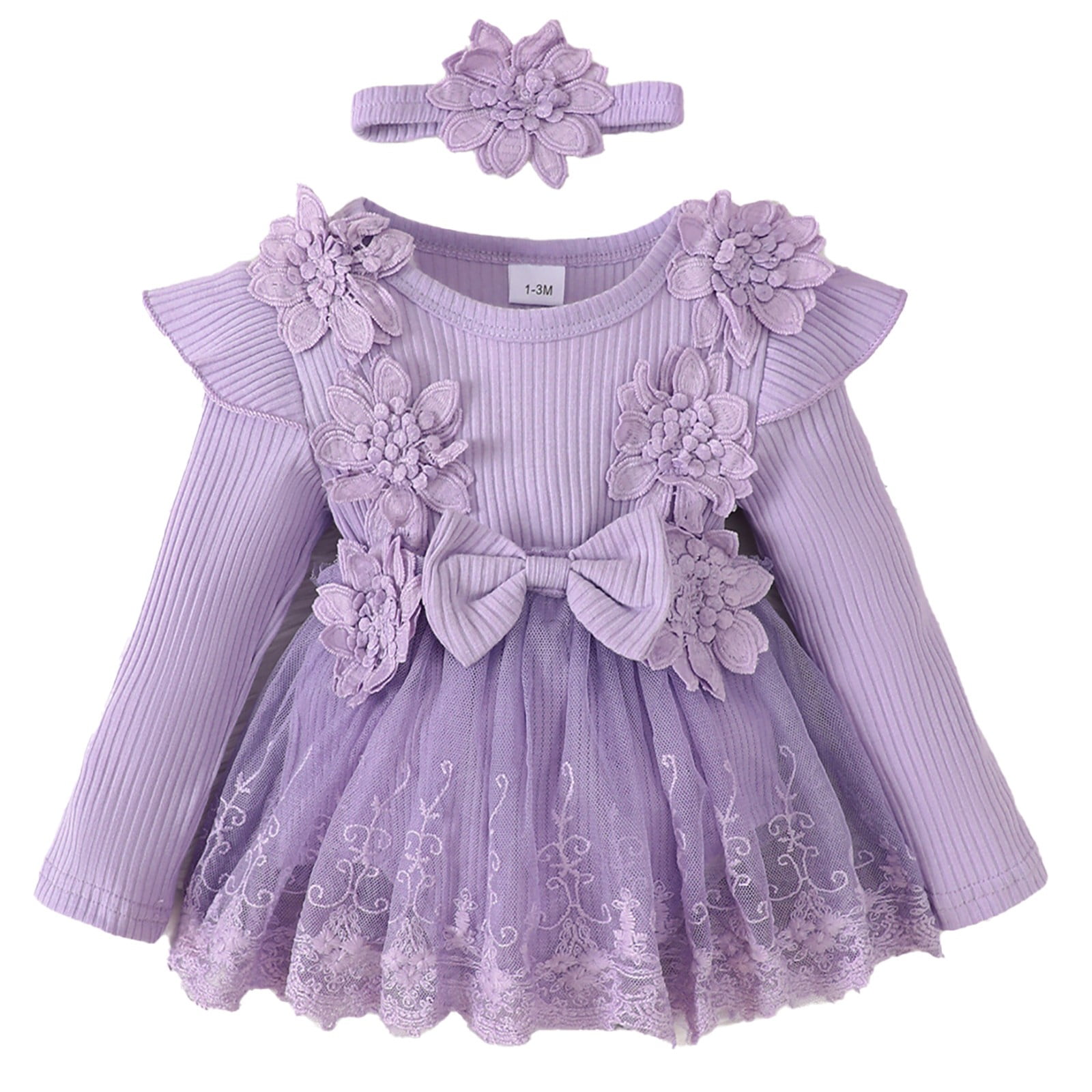 Mercatoo Toddler Baby Girl Floral Lace Romper Dress Headband Toddler First Birthday Baptism Outfits Princess Jumpsuit Bodysuit