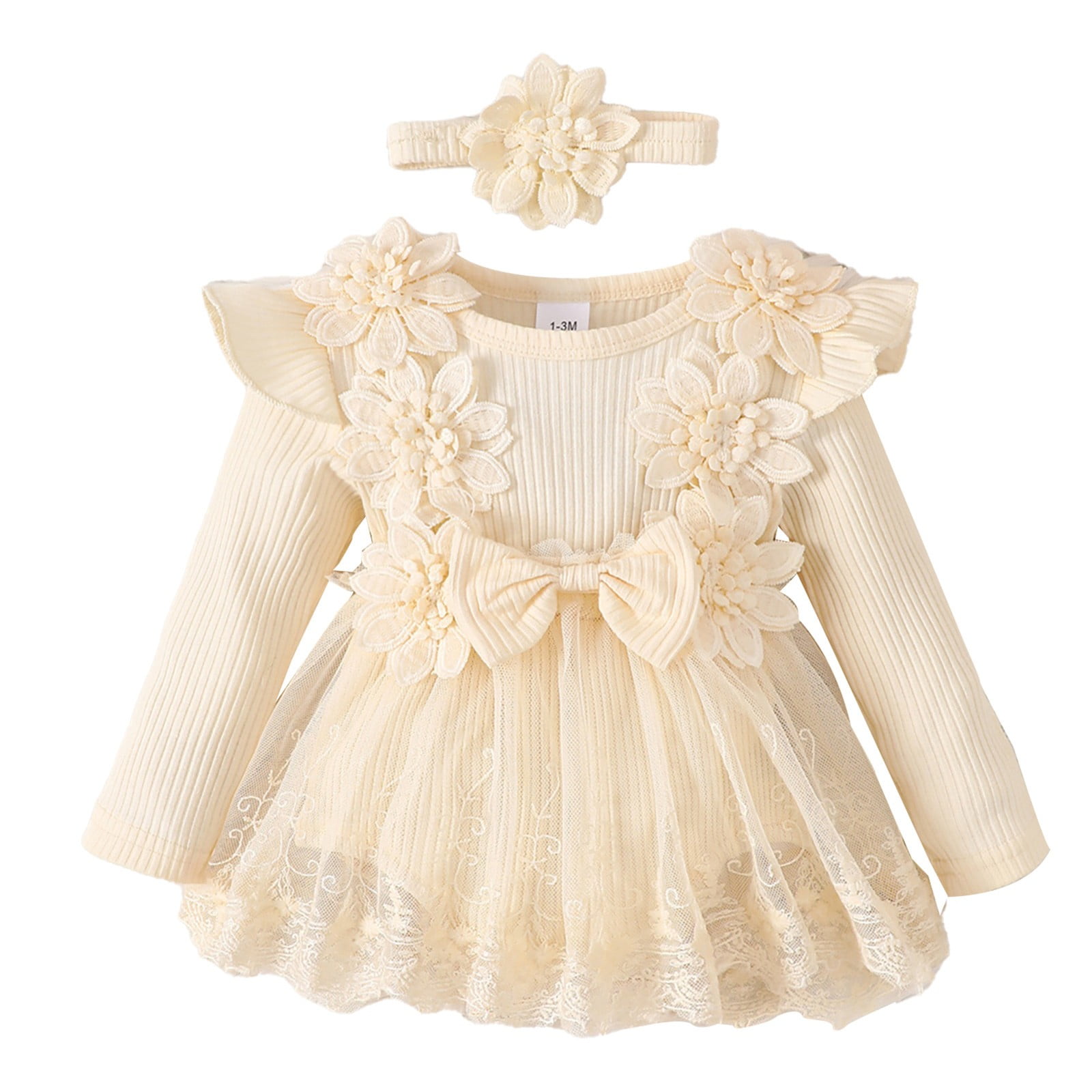 Mercatoo Toddler Baby Girl Floral Lace Romper Dress Headband Toddler First Birthday Baptism Outfits Princess Jumpsuit Bodysuit