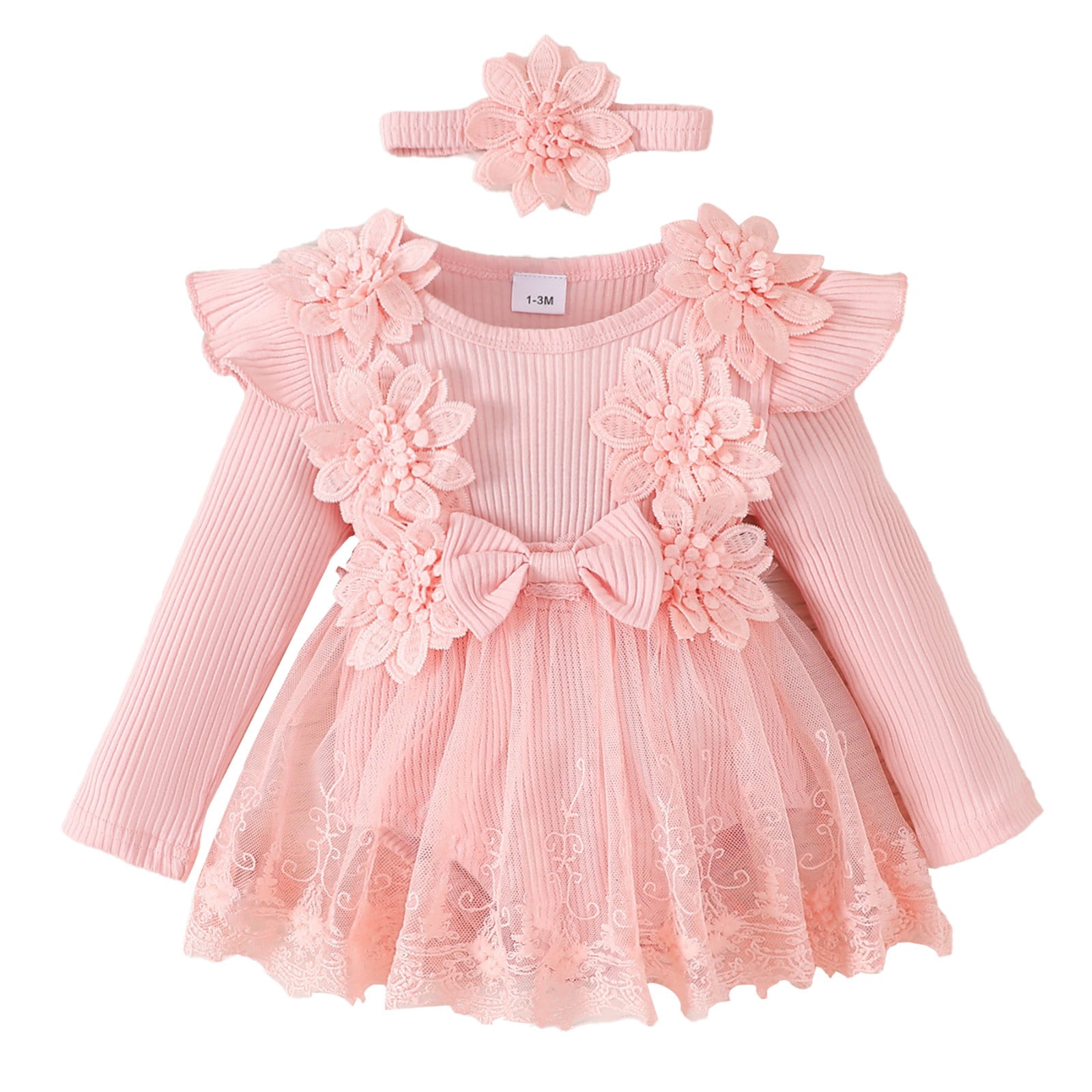 Mercatoo Toddler Baby Girl Floral Lace Romper Dress Headband Toddler First Birthday Baptism Outfits Princess Jumpsuit Bodysuit