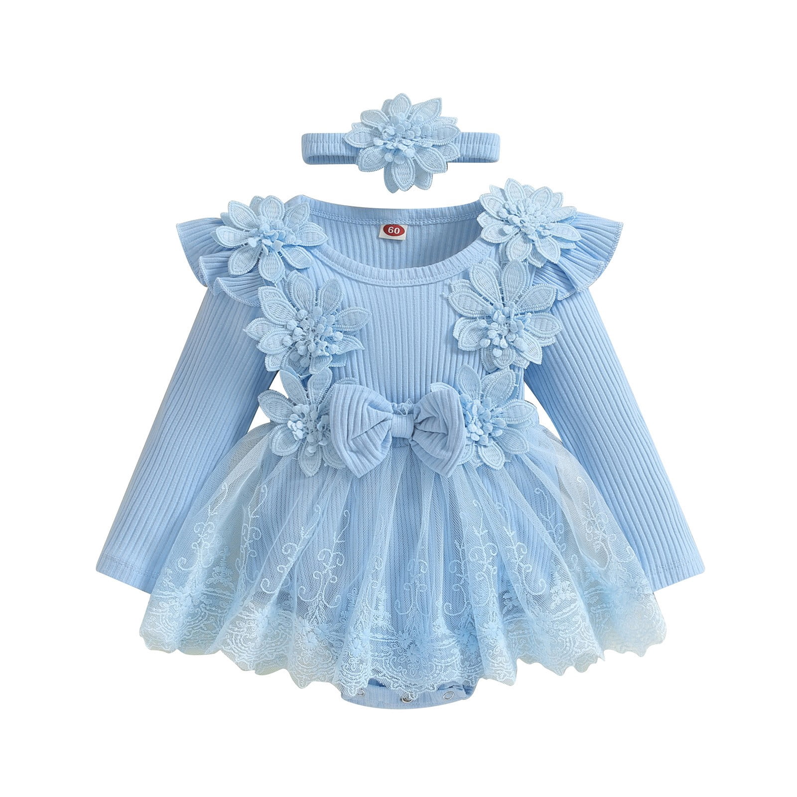 Mercatoo Toddler Baby Girl Floral Lace Romper Dress Headband Toddler First Birthday Baptism Outfits Princess Jumpsuit Bodysuit
