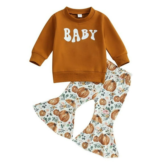 Mercatoo Toddler Baby Girl Halloween Clothes Letter Sweatshirt Top Pumpkin Print Bell Bottoms Pants Halloween Outfit Girl