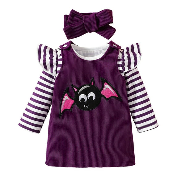 Mercatoo Toddler Baby Girl Halloween Clothes Long Sleeve Stripe Romper Pumpkin Embroidery Ribbing Skirt Dress with Headband