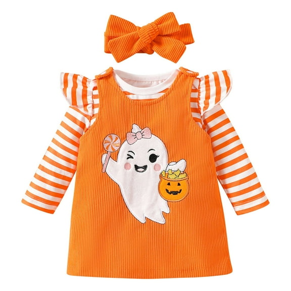 Mercatoo Toddler Baby Girl Halloween Clothes Long Sleeve Stripe Romper Pumpkin Embroidery Ribbing Skirt Dress with Headband