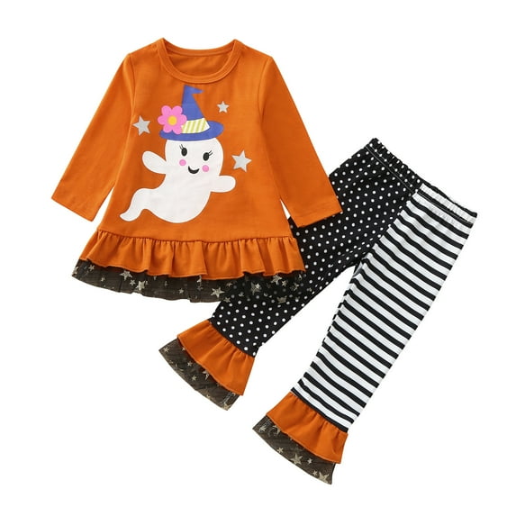 Mercatoo Toddler Baby Girl Halloween Outfit 𝐆𝐡𝐨st Ruffle Long Sleeve Shirt Tops + Striped Bell Bottoms Pants Girls Clothes Set