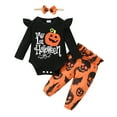 thumbnail image 1 of Mercatoo Toddler Baby Girl Halloween Outfits Long Sleeve Rompers and Cartoon Printed Pants with Headband 3pcs Set, 1 of 9