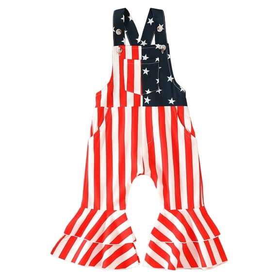 Mercatoo Toddler Baby Girl Independence Day Overalls Sleeveless Jumpsuit Striped Prints Bell Bottom Bodysuit Summer Clothes
