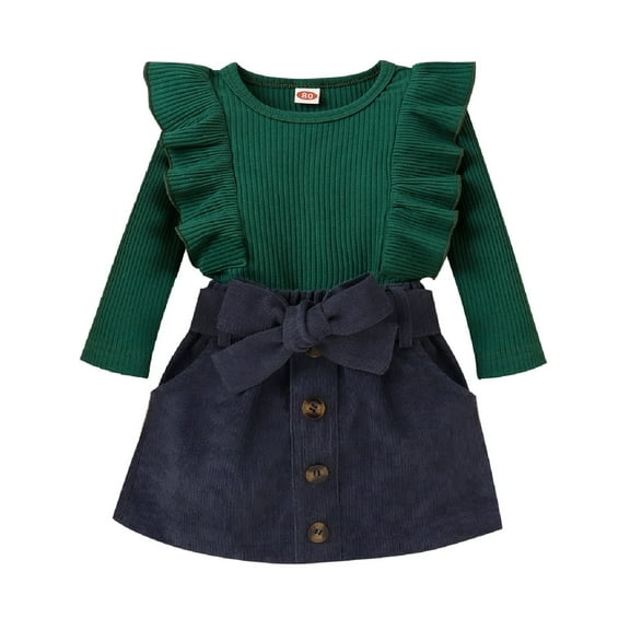 Mercatoo Toddler Baby Girl Outfits Fall Winter Clothes Long Sleeve Ribbing Ruffles T-Shirt Tops   Mini Skirts Set Casual Clothes