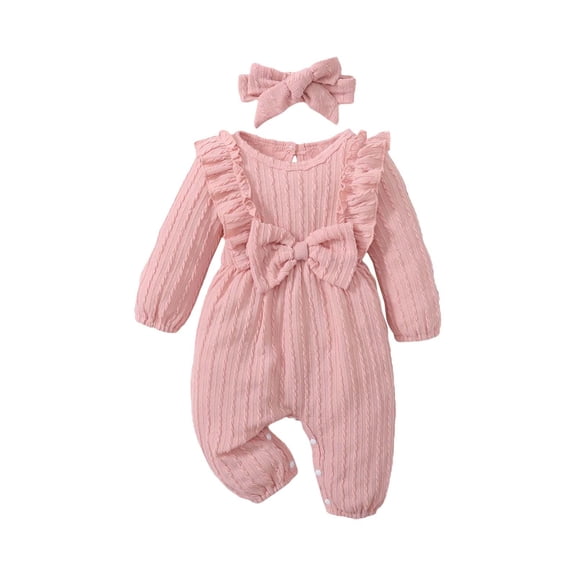 Mercatoo Toddler Baby Girl Ribbed Jumpsuit Headband Set Long Sleeve Ruffle Trim Bow Bubble Romper Bodysuit Solid Fall Outfit