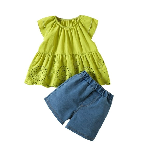 Mercatoo Toddler Baby Girl Short Outfits Ruffled Short Sleeves Tops   Denim Shorts 2Pcs Girls Summer Clothes Set