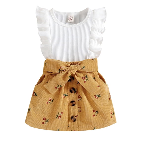 Mercatoo Toddler Baby Girl Summer Clothes Ribbed Ruffled Sleeve T-Shirt Tops High Waist Shorts with Bowknot Belt Set
