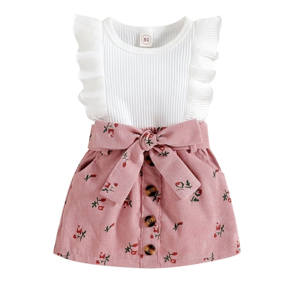 Mercatoo Toddler Baby Girl Summer Clothes Ribbed Ruffled Sleeve T-Shirt Tops High Waist Shorts with Bowknot Belt Set