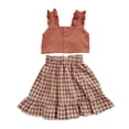 thumbnail image 1 of Mercatoo Toddler Baby Girl Summer Strap Ruffle Vest T Shirt Tops Knit Pullover Tops Plaid Button Mini Skirts Set Outfits, 1 of 3