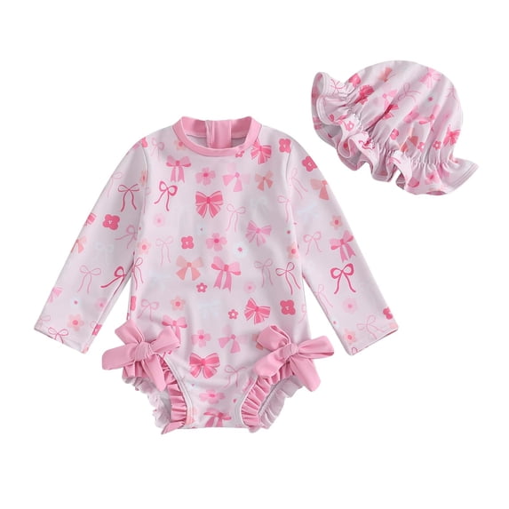 Mercatoo Toddler Baby Girl Swimsuit One 𝐏iece Rash Guard Ruffles Bathing Suit with Hat Long Sleeve Zipper Bowknot Swimwear