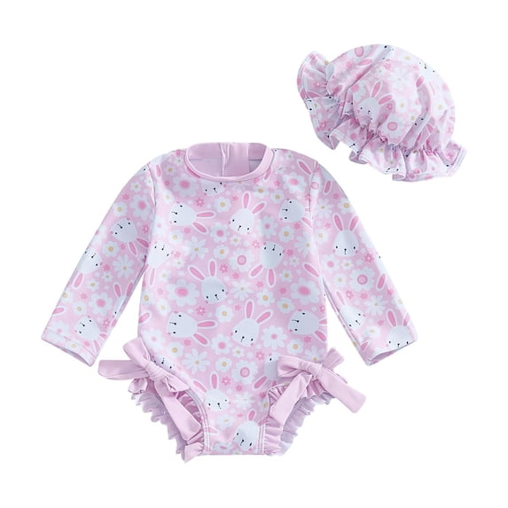 Mercatoo Toddler Baby Girl Swimsuit One 𝐏iece Rash Guard Ruffles Bathing Suit with Hat Long Sleeve Zipper Bowknot Swimwear