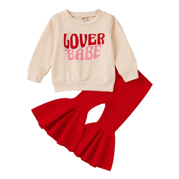 Mercatoo Toddler Baby Girl Valentine's Day Outfits Valentines Long Sleeve Crewneck Sweatshirt Ribbing Flare Pants 2Pcs Set