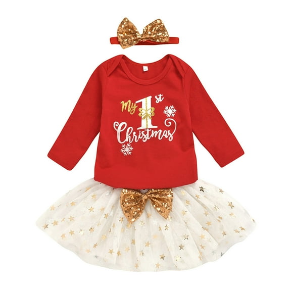 Mercatoo Toddler Baby Girl Xmas Clothes My 1st Christmas Romper Bodysuit Tulle Tutu Skirt Girl Christmas Outfit Set