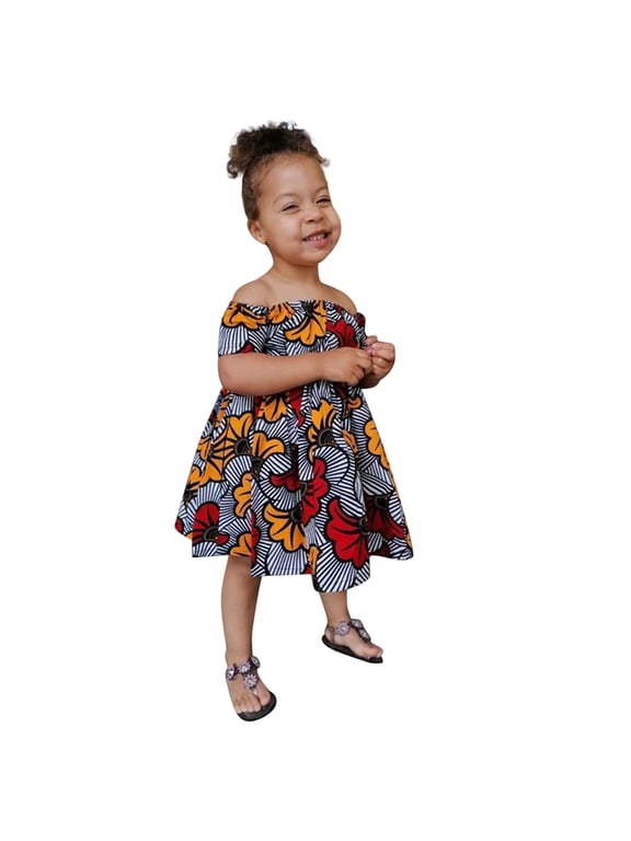 Toddler Baby Girls Ankara Dresses off Shoulder Kids Dashiki African Outfit Girls African Short Sleeve Dress