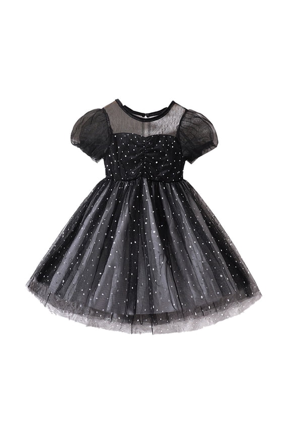 Toddler Baby Girls Bubble Sleeve Black White Dots Dresses Tulle Mesh Dress Summer Clothes for Birthday P𝐚rty
