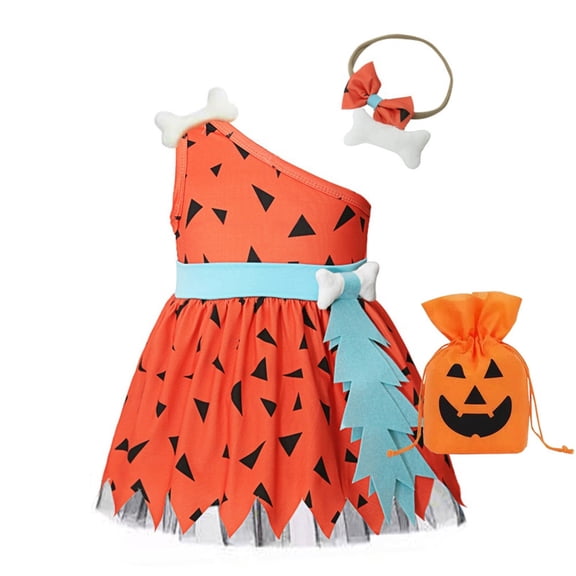 Mercatoo Toddler Baby Girls Caveman Halloween Dress Outfit Historical 𝗦tone Age Bone Headband Cute Pumpkin Bag Part𝐲 Set