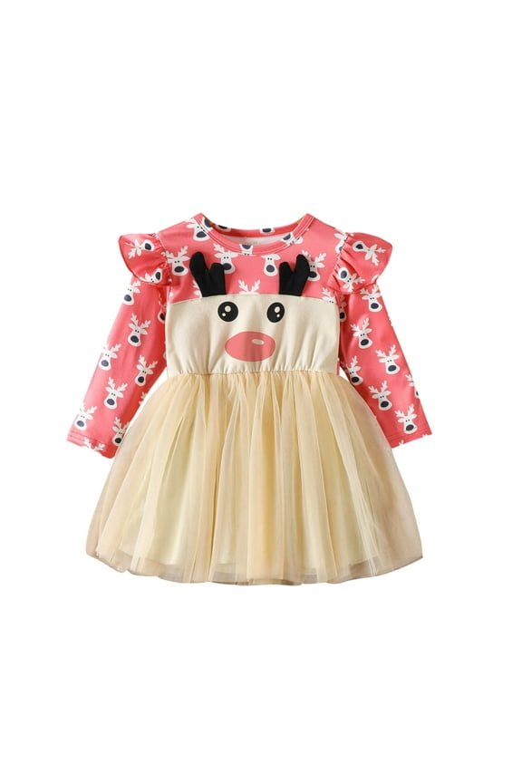 Toddler Baby Girls Christmas Dress Ruffle Long Sleeve Tutu Princess Dresses Kids Girls Deer Print Mesh Tulle Dress