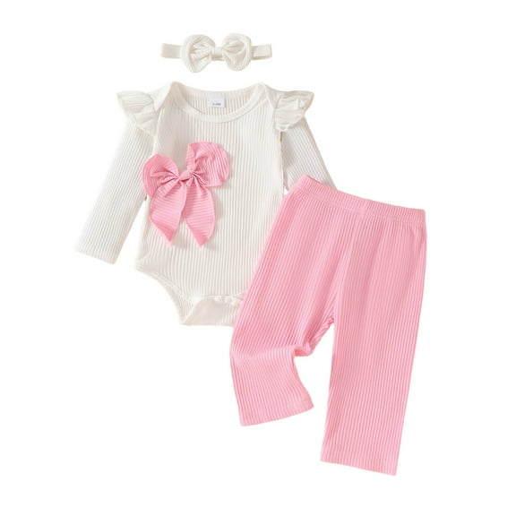 Mercatoo Toddler Baby Girls Fall Winter Outfit Ribbing Cotton Bow Flying Sleeve Romper Pants Set Thanksgiving Clothes