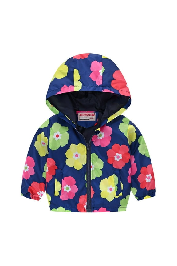 Toddler Baby Girls Floral Zip Windproof Jacket Hooded Trench Spring Kids Girls Outdoor Lightweight Jackets