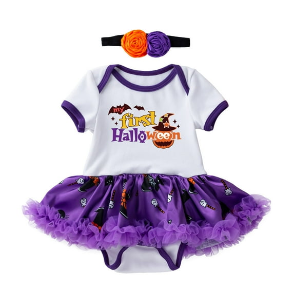Mercatoo Toddler Baby Girls Halloween Outfits Tutu Dress Pumpkin Print Romper + Headband Girls Autumn 2Pcs Clothes Set