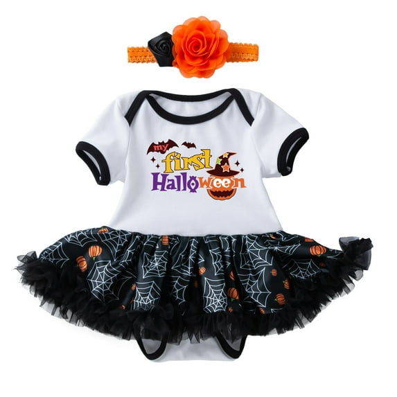 Mercatoo Toddler Baby Girls Halloween Outfits Tutu Dress Pumpkin Print Romper + Headband Girls Autumn 2Pcs Clothes Set