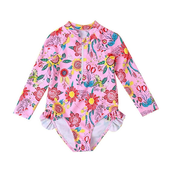 Mercatoo Toddler Baby Girls One-𝐏iece Swimsuit/Floral Print Zipper Long Sleeve Ruffled Swimwear/Rashguard Swimsuit
