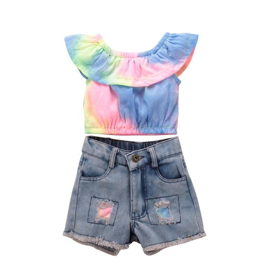 Mercatoo Toddler Baby Girls Outfits Straped Ruffled Off Shoulder Crop Tops   Ripped Denim Shorts Summer Clothes Set