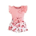 thumbnail image 1 of Mercatoo Toddler Baby Girls Ribbed Knit 2 Piece Outfit 𝗥uffle Short Sleeve Bowknot Flower Graphic Shorts Set Cute Soft Clothes, 1 of 8