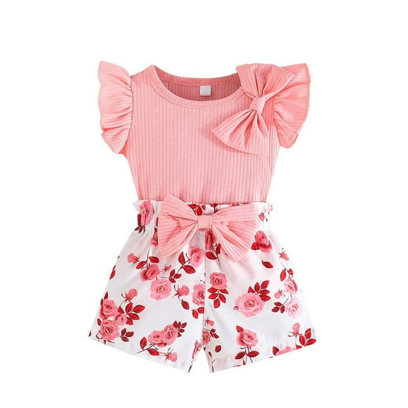 Mercatoo Toddler Baby Girls Ribbed Knit 2 Piece Outfit 𝗥uffle Short Sleeve Bowknot Flower Graphic Shorts Set Cute Soft Clothes