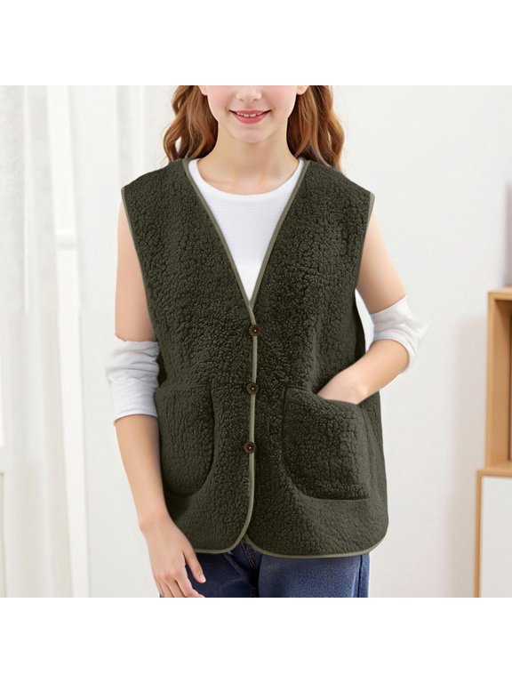 Toddler Baby Girls Sherpa Fleece Vest, Button Down Sleeveless Gilet with Pockets, Cozy Warm Layer for Fall Winter and Spring Layering
