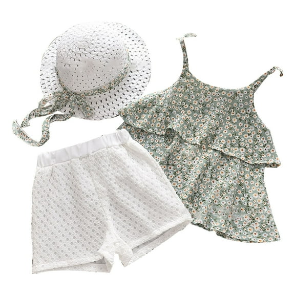 Mercatoo Toddler Baby Girls Summer Clothes Set Floral Sleeveless Ruffle Crop Vest Mesh Shorts  Sun Visor Hat 3Pcs Outfits