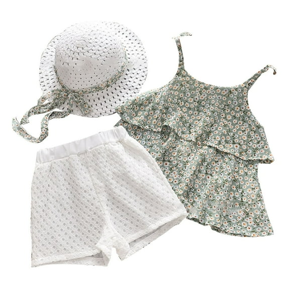 Mercatoo Toddler Baby Girls Summer Clothes Set Floral Sleeveless Ruffle Crop Vest+Mesh Shorts+ Sun Visor Hat 3Pcs Outfits