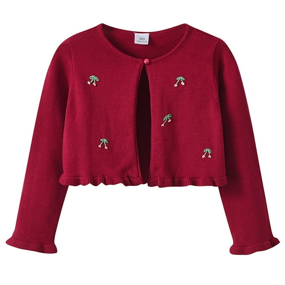 Mercatoo Toddler Baby Girls 𝗕olero 𝗦hrugs Cardigan Buttton Knit Cherry Embroidery 𝗥uffle Sweater Round Neck Fall Coat