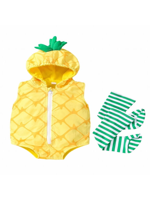 Toddler Baby Halloween Outfit Girls Boys Pineapple Shaped with Hood Sleeveless 2PCS Zipper Striped Socks Clothes Set