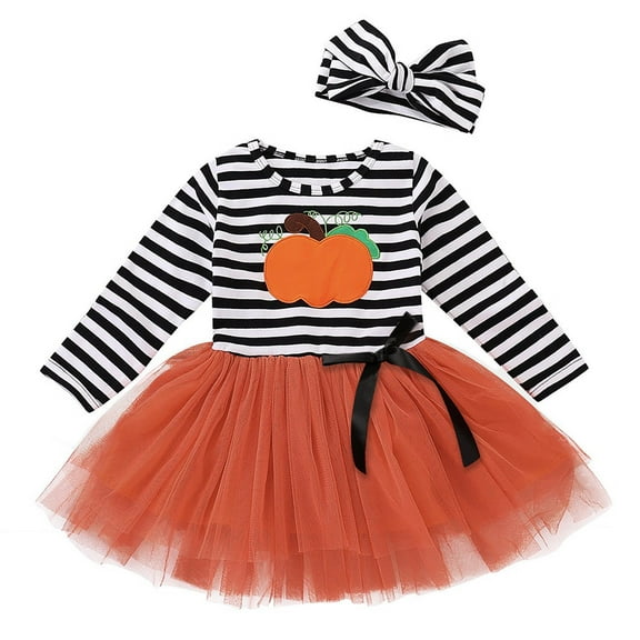 Mercatoo Toddler Baby Halloween Outfits Kids Girls Pumpkin Print Long Sleeve Dress Striped Skirts Halloween Day Clothes
