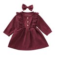 thumbnail image 1 of Mercatoo Toddler Baby Kids Girls Solid Color Long-Sleeved Ruffle 𝐁otton Dress Princess Dress With Hairband Set Girls Dresses, 1 of 8