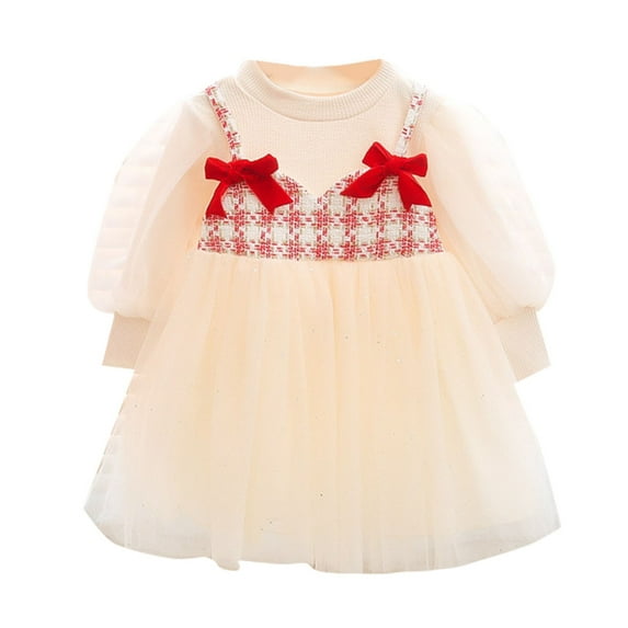 Mercatoo Toddler Bow Fashion Dress Girls' Round Neck Long Sleeve Suspender Mesh Dress Outdoor Casual Dress for Girls