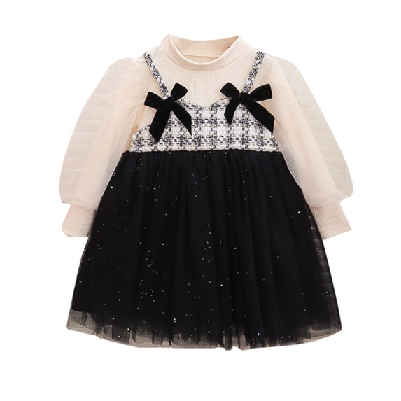 Mercatoo Toddler Bow Fashion Dress Girls' Round Neck Long Sleeve Suspender Mesh Dress Outdoor Casual Dress for Girls