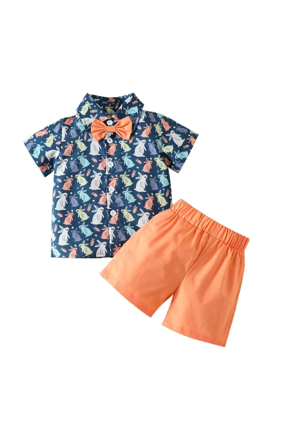 Toddler Boy Easter Outfit Short Sleeve Rabbit Print Shirt Top with Bowtie Elastic Shorts 2Pcs Baby Boy Clothes