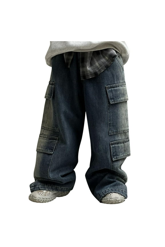 Toddler Boys Baggy Cargo Jeans Wide Leg Vintage Soft Stretchy Streetwear Denim Pants Stylish Cool Trousers with Pockets