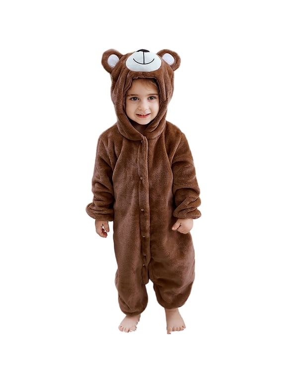 Toddler Boys Girls Bear Costume Infant Hooded Romper Baby Fleece Jumpsuit Cute Animal Cosplay Winter Pajamas Halloween Outfit