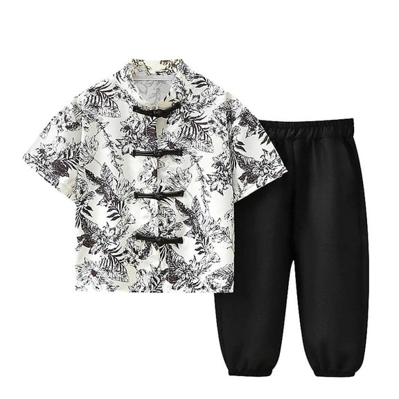 Mercatoo Toddler Boys New Chinese Disc Buckle Tang Suit Child Short Sleeve Tops Pants Outfits Kids Summer Casual Clothes Set