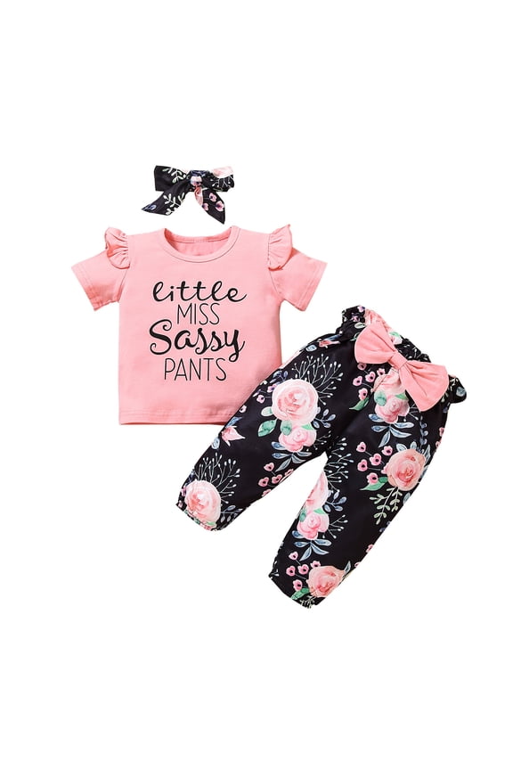 Toddler Clothes Baby Girl's Outfits Letter Print Short Sleeve Floral Pants Hairband 3PCS Set New Baby Bundle