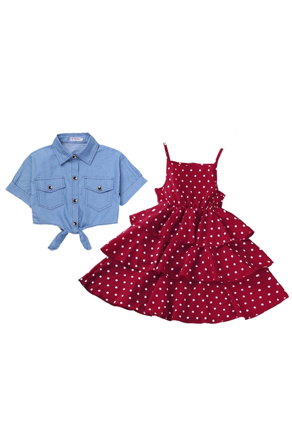 Toddler Girl Clothes 3T Toddler Kids Baby Girls Denim Jacket Polka Dot Slip Layered Dress Set Outfits