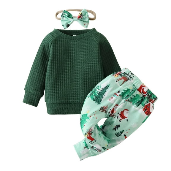 Mercatoo Toddler Girl Clothes Christmas Outfits Long Sleeve Pullover Sweatshirt Santa Prints Pants 3Pcs Girls Clothes Set
